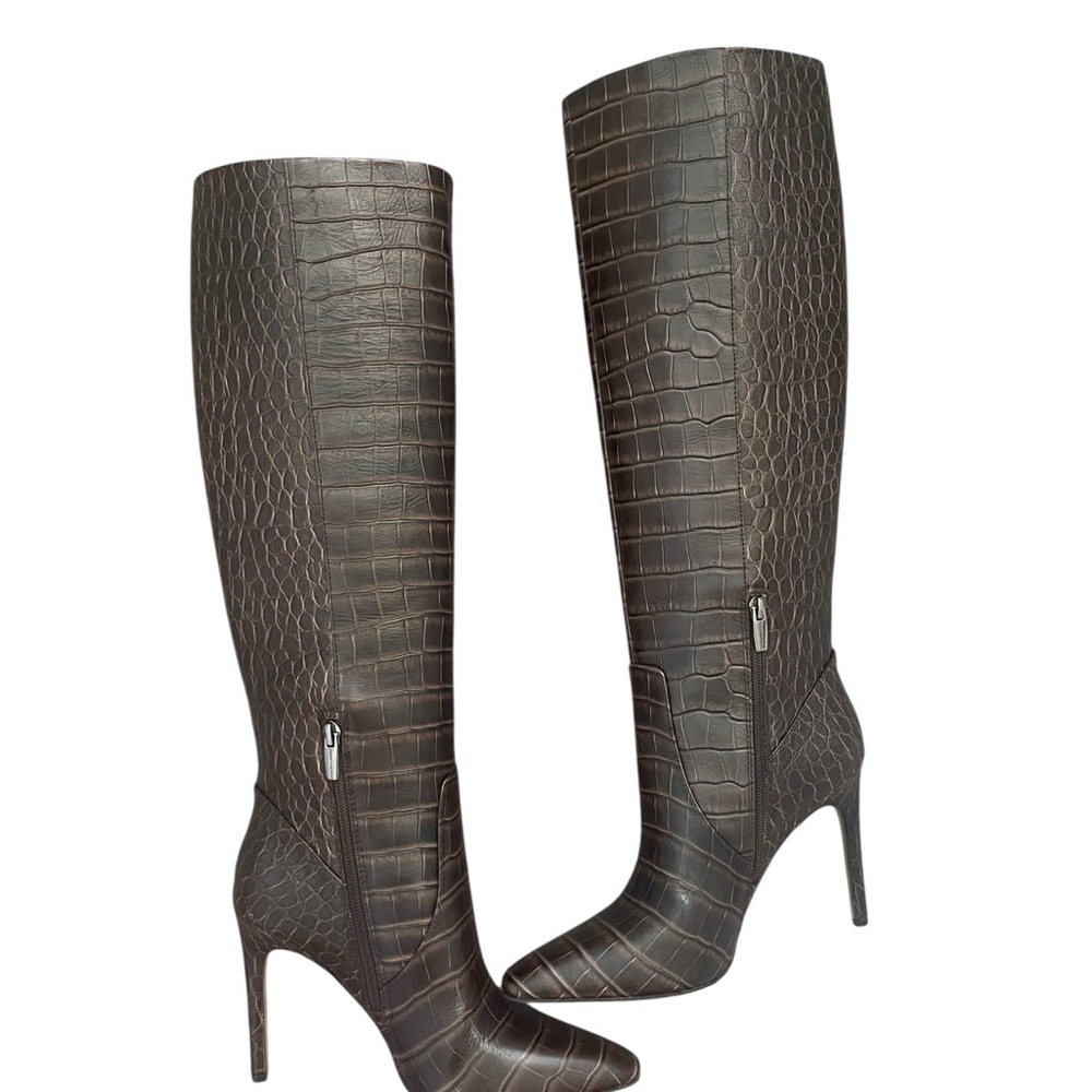 Vince Camuto Brown Croc-Pattern Tall Boots - Picture 2 of 7